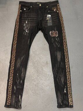 Gold Black Mens Distressed Jeans Size 34 Rhinestone Greek Key Skinny Y2K New